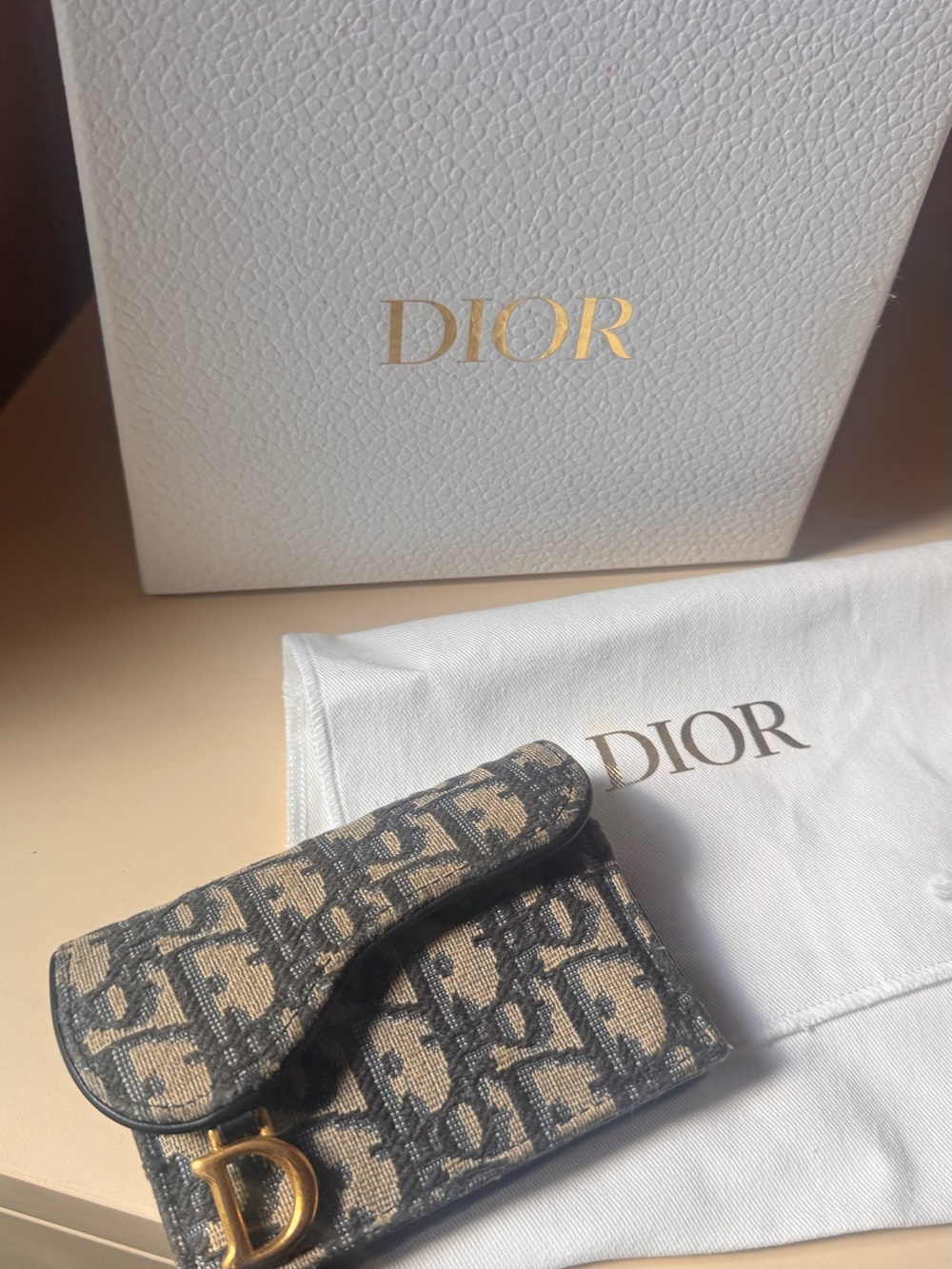 AUTHENTIC Dior Blue & Cream Oblique Canvas Key/Card Holder with Gold 'D' Charm